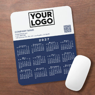 2027 Calendar Business Logo QR Code Navy White Mouse Mat