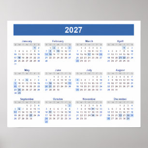 2027 Calendar By Month Home School Office Wall Poster