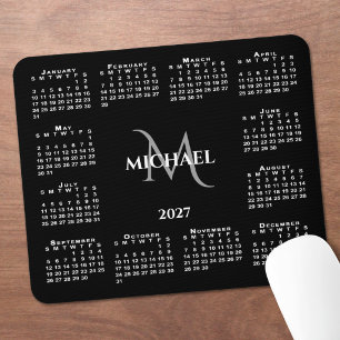 2027 Calendar Chic Monogram Name on Black Mouse Mat