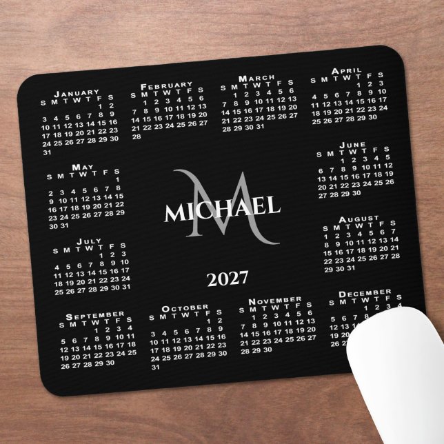 2027 Calendar Chic Monogram Name on Black Mouse Mat (2027 Calendar Chic Monogram Name on Black Mouse Pad in situ)