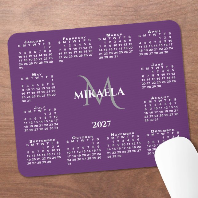 2027 Calendar Chic Monogram Name on Purple Mouse Mat (2027 Calendar Chic Monogram Name on Purple Mouse Pad in situ)