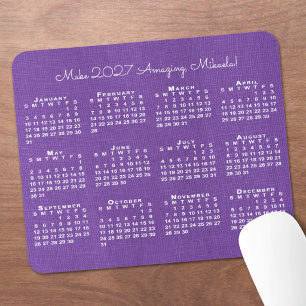 2027 Calendar Custom Name Purple Linen Photo Mouse Mat