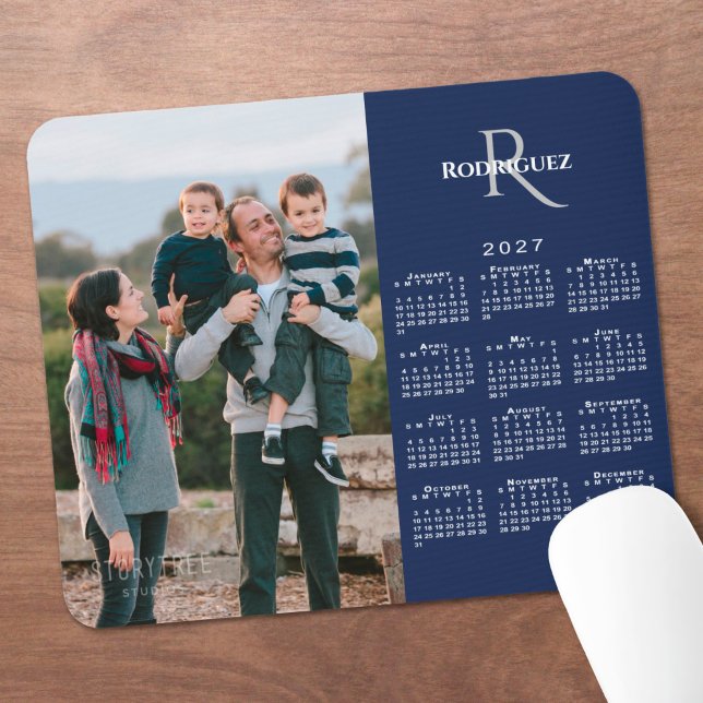 2027 Calendar Custom Photo Monogram Name Navy Mouse Mat (2027 Calendar Custom Photo Monogram Name Navy Mouse Pad in situ)