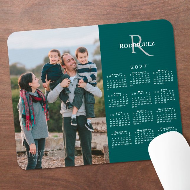 2027 Calendar Custom Photo Monogram Name Teal Mouse Mat (2027 Calendar Custom Photo Monogram Name Teal Mouse Pad in situ)