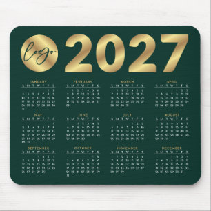2027 Calendar Emerald Green & Gold Business Logo Mouse Mat