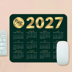 2027 Calendar Emerald Green & Gold Business Logo Mouse Mat