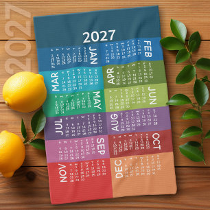 2027 Calendar - Full Year - funky colourful months Tea Towel