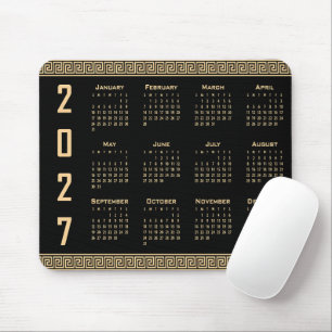 2027 Calendar, Greek Fret, Beige on Black Mouse Mat