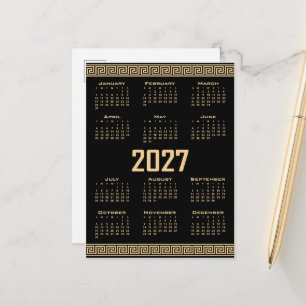 2027 Calendar, Greek Fret, Beige on Black Postcard