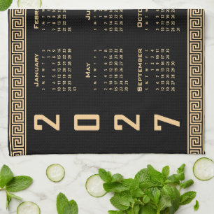 2027 Calendar, Greek Fret, Beige on Black Tea Towel