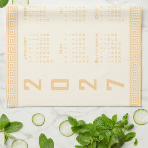 2027 Calendar, Greek Fret, Beige on Cosmic Latte Tea Towel