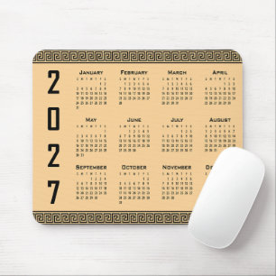 2027 Calendar, Greek Fret, Black on Beige Mouse Mat