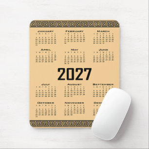 2027 Calendar, Greek Fret, Black on Beige Mouse Mat