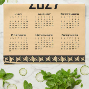 2027 Calendar, Greek Fret, Black on Beige Tea Towel