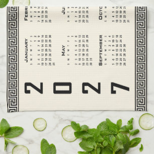 2027 Calendar, Greek Fret, Black on Beige Tea Towel