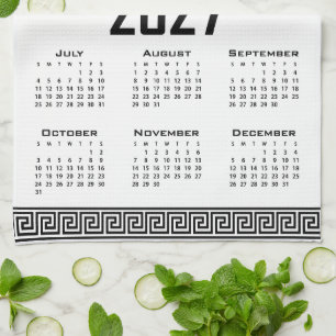 2027 Calendar, Greek Fret, Black on White Tea Towel