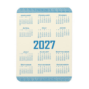 2027 Calendar, Greek Fret, Blue on Cosmic Latte Magnet
