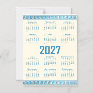 2027 Calendar, Greek Fret, Blue on Cosmic Latte Magnetic Invitation