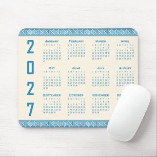 2027 Calendar, Greek Fret, Blue on Cosmic Latte Mouse Mat