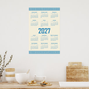 2027 Calendar, Greek Fret, Blue on Cosmic Latte Poster