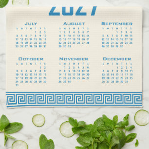 2027 Calendar, Greek Fret, Blue on Cosmic Latte Tea Towel