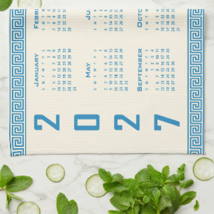 2027 Calendar, Greek Fret, Blue on Cosmic Latte Tea Towel