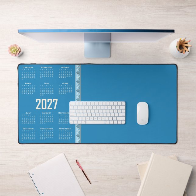 2027 Calendar, Greek Fret, Cosmic Latte on Blue Desk Mat (Office 1)