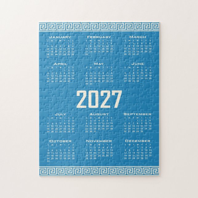 2027 Calendar, Greek Fret, Cosmic Latte on Blue Jigsaw Puzzle (Vertical)