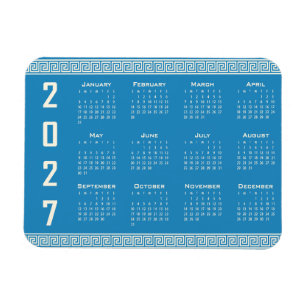 2027 Calendar, Greek Fret, Cosmic Latte on Blue Magnet