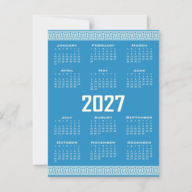 2027 Calendar, Greek Fret, Cosmic Latte on Blue Magnetic Invitation (Front)