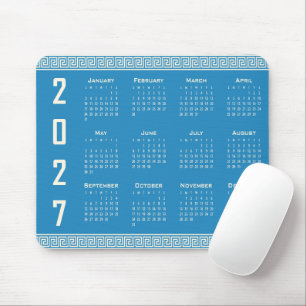 2027 Calendar, Greek Fret, Cosmic Latte on Blue Mouse Mat