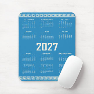 2027 Calendar, Greek Fret, Cosmic Latte on Blue Mouse Mat