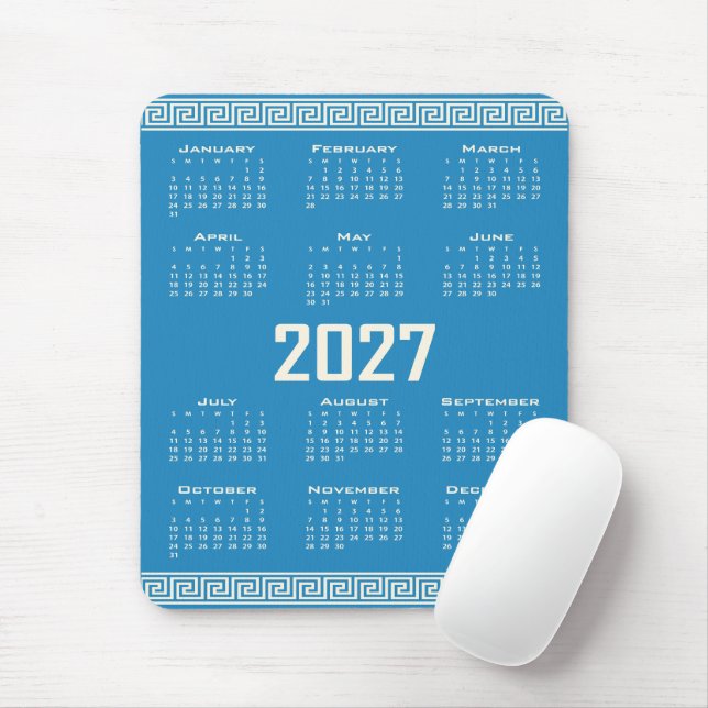 2027 Calendar, Greek Fret, Cosmic Latte on Blue Mouse Mat (With Mouse)