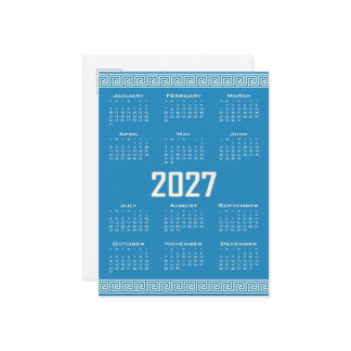 2027 Calendar, Greek Fret, Cosmic Latte on Blue Postcard