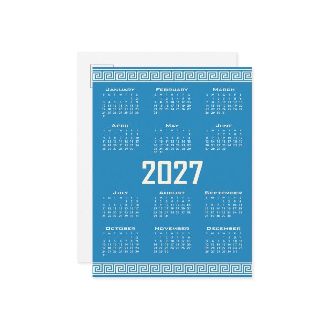 2027 Calendar, Greek Fret, Cosmic Latte on Blue Postcard (Front/Back In Situ)