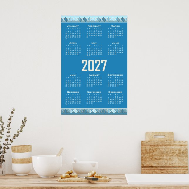 2027 Calendar, Greek Fret, Cosmic Latte on Blue Poster (Kitchen)