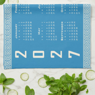 2027 Calendar, Greek Fret, Cosmic Latte on Blue Tea Towel