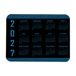2027 Calendar, Greek Fret, Cosmos Blue on Black Magnet
