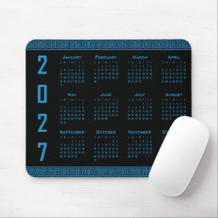 2027 Calendar, Greek Fret, Cosmos Blue on Black Mouse Mat