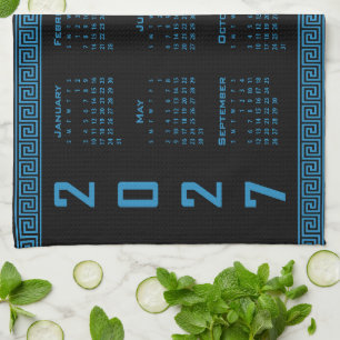 2027 Calendar, Greek Fret, Cosmos Blue on Black Tea Towel