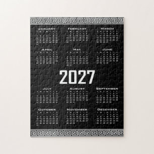 2027 Calendar, Greek Fret, White on Black Jigsaw Puzzle