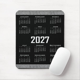 2027 Calendar, Greek Fret, White on Black Mouse Mat