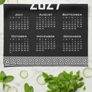 2027 Calendar, Greek Fret, White on Black Tea Towel