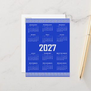 2027 Calendar, Greek Fret, White on Greek Blue Postcard