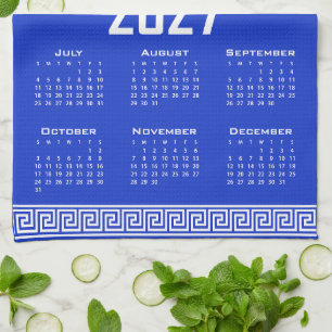 2027 Calendar, Greek Fret, White on Greek Blue Tea Towel