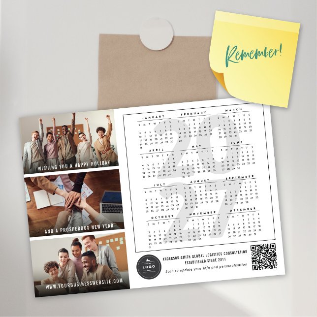 2027 Calendar Holiday New Year Magnetic Photo Card (2027 Calendar White 3 Photo Business Holiday / New Year Magnetic Card + Logo & QR Code @ fat_fa_tin)