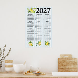 2027 Calendar Italian Style Lemons Blue Stripes Poster