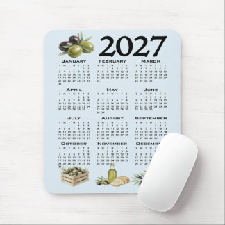 2027 Calendar, Mediterranean Olives, Blue Mouse Mat