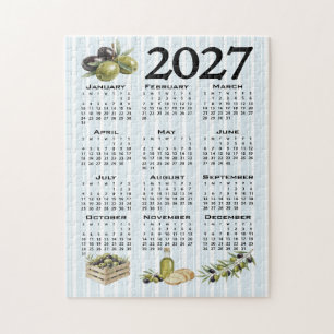 2027 Calendar, Mediterranean Olives, Blue Stripes Jigsaw Puzzle