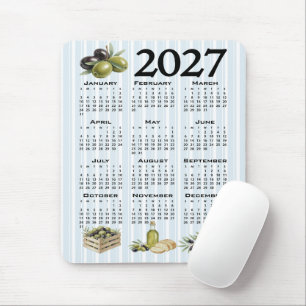 2027 Calendar, Mediterranean Olives, Blue Stripes Mouse Mat